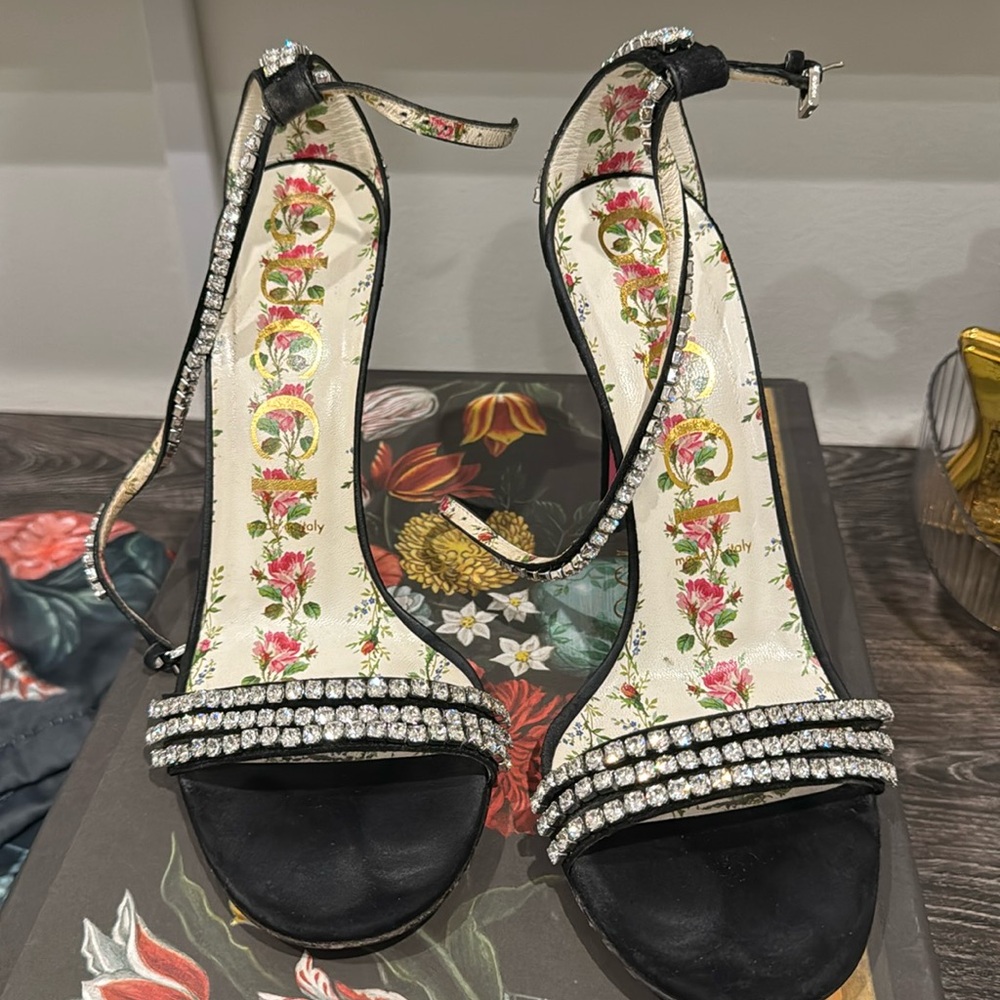 Gucci black womens heel sandals with crystals